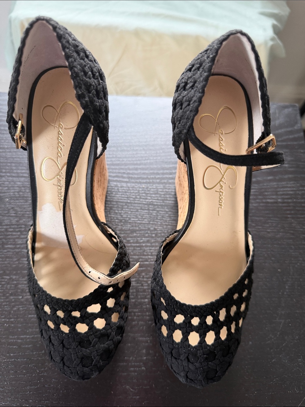 Jessica Simpson Black Woven Platform Wedges with Ankle Strap